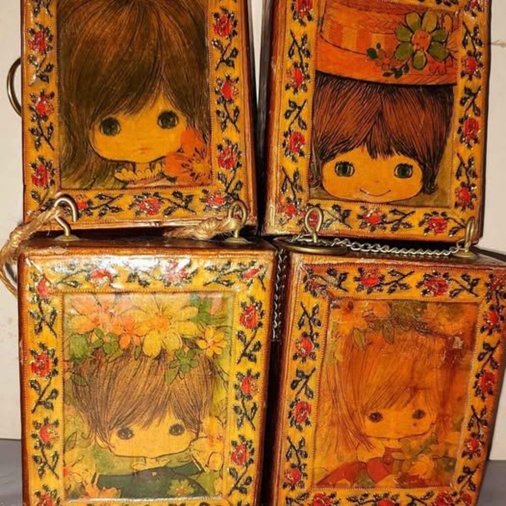 Lot Of 4 Vintage Hand Made Wood Girl Wall Hangings Plaques Pictures 5"